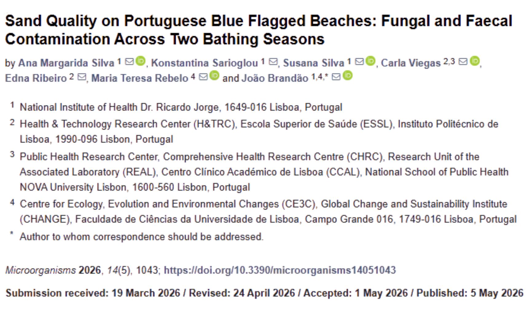 Artigo : " Sand Quality on Portuguese Blue Flagged Beaches: Fungal and Faecal Contamination Across Two Bathing Seasons"